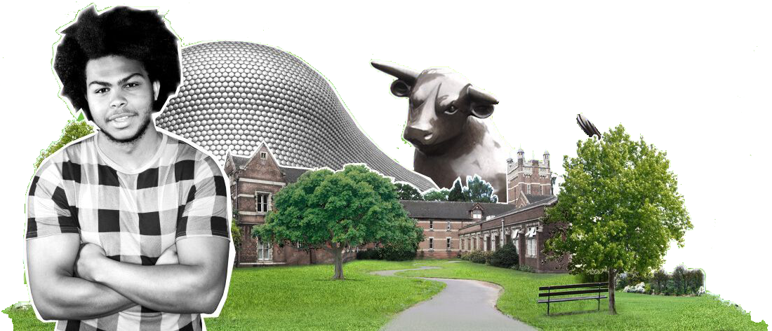 A male with his arms crossed standing in front of Hamstead Campus grounds with the Bullring in the background